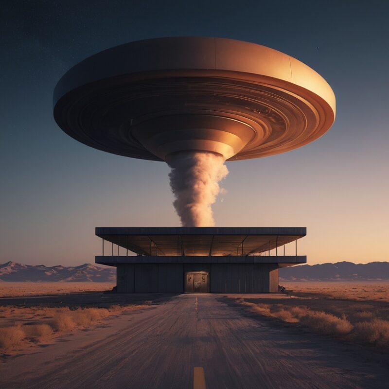 Futuristic UFO Structure in Desert Sunset