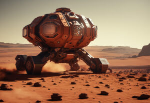 A robotic vehicle or spacecraft driving across a Martian landscape