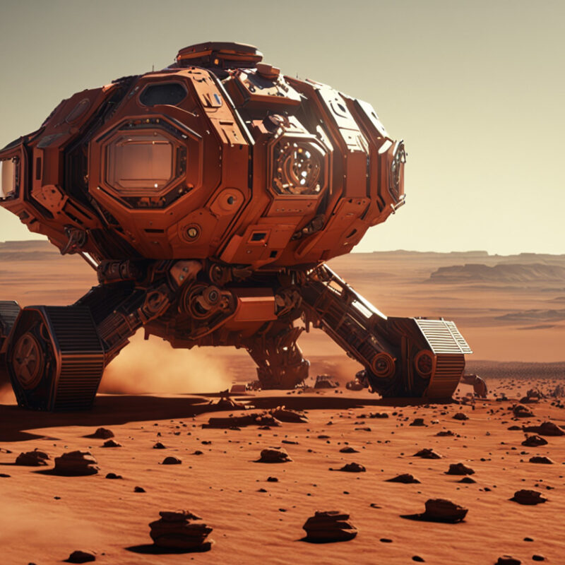 A robotic vehicle or spacecraft driving across a Martian landscape