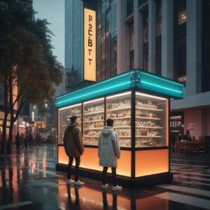 Young Men Observing Modern Kiosk in Urban Setting at Dusk