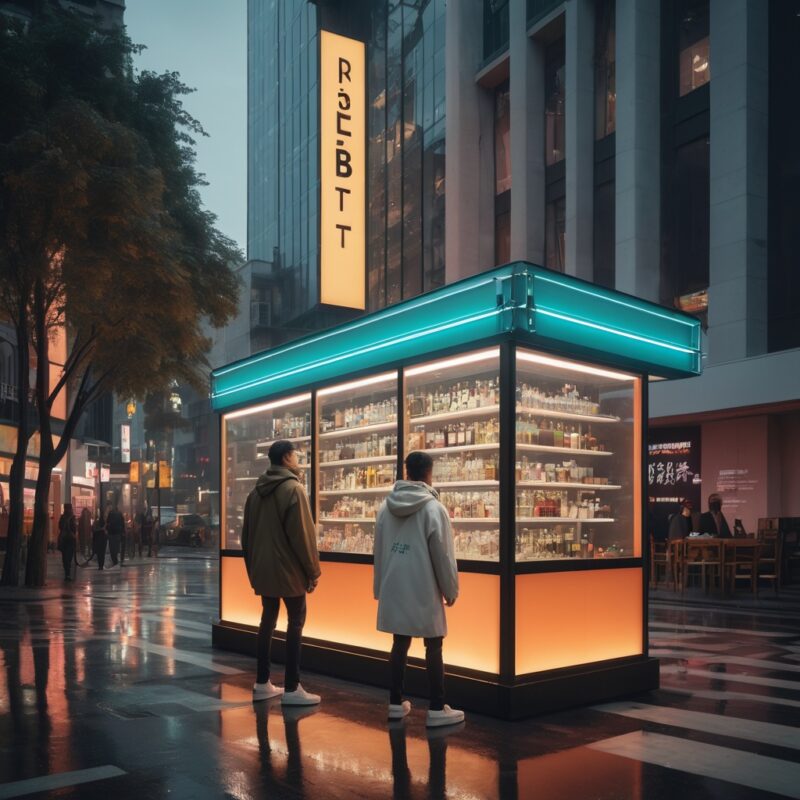 Young Men Observing Modern Kiosk in Urban Setting at Dusk