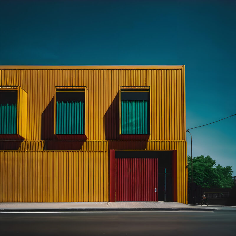 Colorful Modern Building Facade with Geometric Shadows