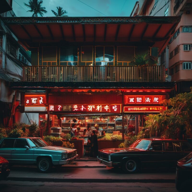 Bustling Asian Night Market with Neon Lights and Retro Cars