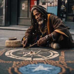 Elderly Man Creating Sacred Geometric Patterns on Street