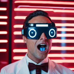 Futuristic Man with VR Goggles and Blue Capsule in Red Neon Light