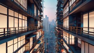 Futuristic Cityscape at Sunset Between High-Rise Buildings