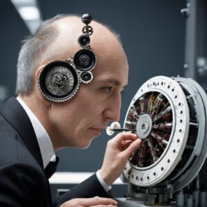 Man with Cybernetic Enhancement Examining Complex Device