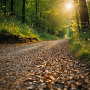 Sunlit Forest Path: A Peaceful Gravel Road Through Vibrant Woods