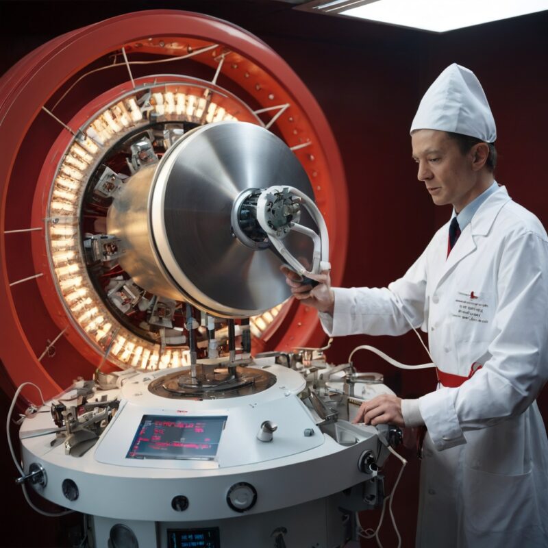 Scientist Operating Futuristic High-Tech Laboratory Machine