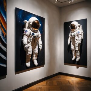 Space suits in an art gallery