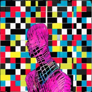 Contemplative Wireframe Silhouette Against Multicolored Geometric Checkerboard