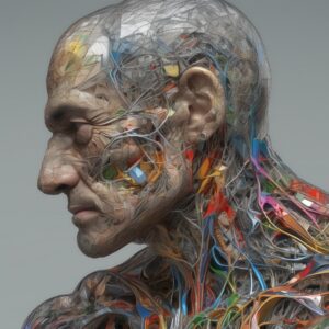 A man-machine with many wires around his body.