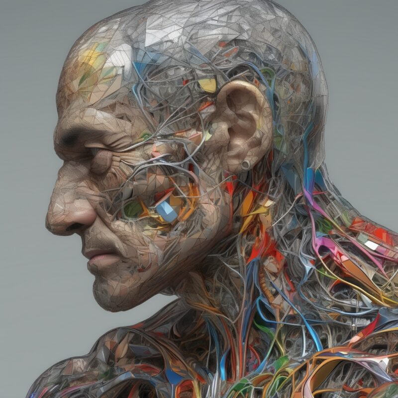 A man-machine with many wires around his body.