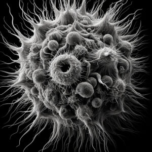 A detailed, microscopic view of a virus