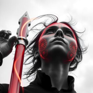 A futuristic scene of a person with glowing red tribal face designs, holding a spear under a cloudy sky.