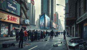 A line of people on a foggy city street with towering digital billboards in the background.