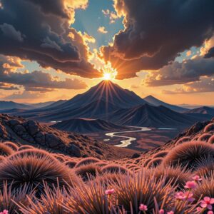 A stunning sunset over a mountain with glowing clouds and lush foreground plants.