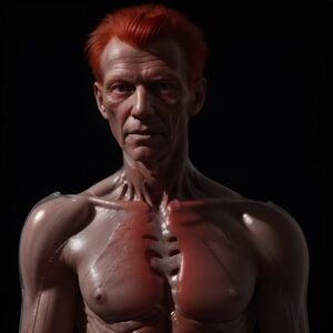 A detailed 3D rendering of a man with semi-transparent skin showcasing anatomy and vibrant red hair against a dark background.