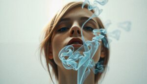 Portrait of a person surrounded by swirling smoke, exuding serenity and introspection.