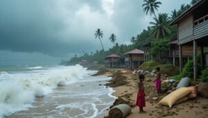 Wooden huts on a stormy beach with children playing, surrounded by palm trees and waves crashing on the shore.