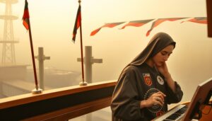 A woman plays piano on a rooftop with flags against a misty city backdrop.