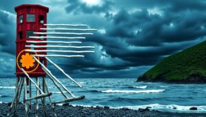 Surreal art with whimsical red tower on driftwood stilts at a stormy beach sea, against dramatic clouds and lush hillside.