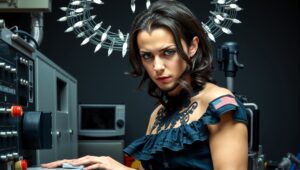 A person in a complex industrial setting with a halo of lights overhead.