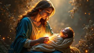 A serene woman holds a glowing child, surrounded by warm, magical light.