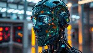 Futuristic robot with intricate glowing circuits.