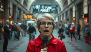 A professional reporter with a microphone stands prominently in a busy shopping arcade.