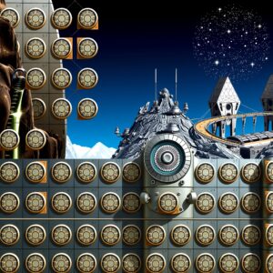 Futuristic scene with dials and mechanical structures under a starry sky.