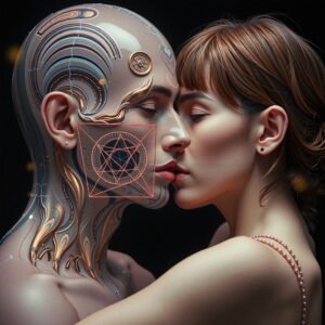 A woman kisses a futuristic humanoid with intricate cybernetic designs, highlighting the fusion of humanity and technology in a dark setting.