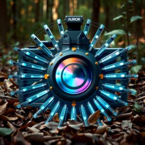 A futuristic camera with blue lights and colorful lens in a forest setting.