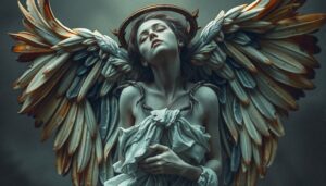 An ethereal angel in serene contemplation with ornate wings and a soft halo.