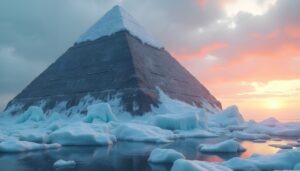 A snow-covered pyramid with icebergs and a vibrant sunset in the background.