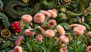 An intricate scene of pink flowers, gold elements, and lush greenery with a butterfly in an enchanted setting.