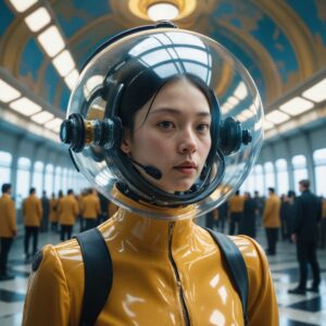 A woman in futuristic attire and helmet stands in an elegant, sci-fi hall with others.