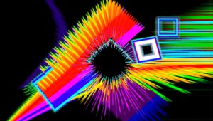 Vibrant geometric digital art explosion with neon colors.