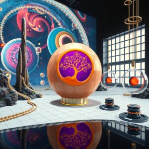 Futuristic room with cosmic mural and modern sphere centerpiece.