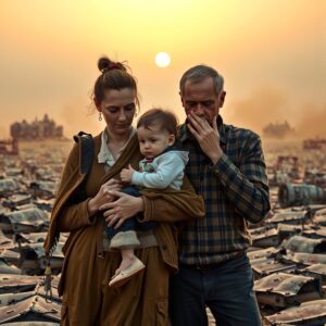 A family stands amidst abandoned tanks at sunset, highlighting themes of conflict and vulnerability.