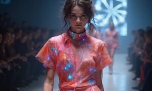 A model in a vibrant, futuristic dress with sparkling lights walks the runway at a high-fashion show, captivating the audience.