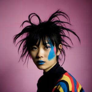 Artistic portrait with colorful makeup and spiky hair against a pink background.