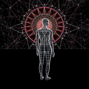 A wireframe human figure stands before a geometric and cosmic backdrop, highlighting the intersection of humanity and technology.
