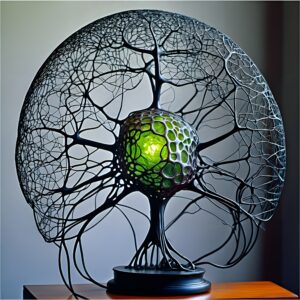 Intricate sculpture depicting a neural network with a glowing green core, displayed on a wooden surface.