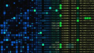 A digital artwork with blue and green data matrix representing abstract technological innovation.