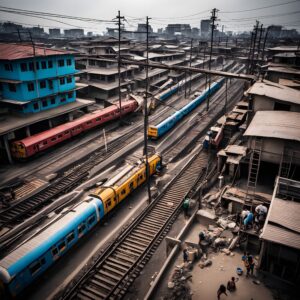 Urban train tracks with colorful trains and workers bustling in an industrial cityscape.