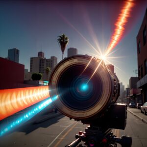 Dramatic camera lens with light trails and cityscape background featuring a stunning sunburst.