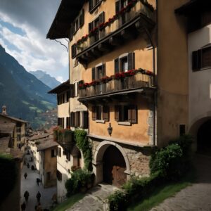 A charming European village with terraced houses and floral balconies set against a mountain backdrop.