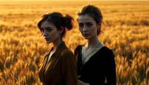 Two women with face paint stand in a golden wheat field at sunset.