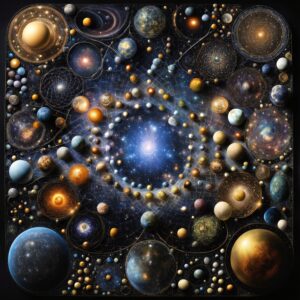 Intricate mosaic of planets, stars, and galaxies composing a vibrant cosmic tapestry.